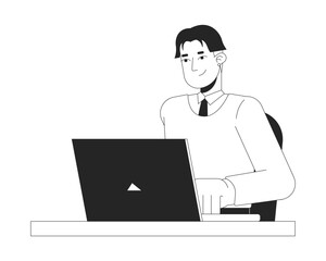 Corporate korean young adult man typing laptop black and white 2D line character. Asian millennial office worker using notebook isolated vector outline person. Monochromatic spot illustration