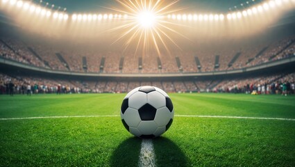 Soccer ball in illuminated stadium under bright spotlight