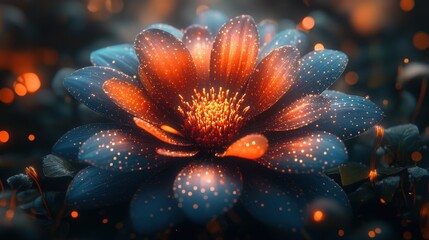 Stunning Blooming Flower with Vibrant Colors and Glowing Particles Set Against a Magical Background Ideal for Nature and Beauty Projects
