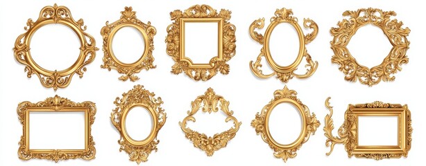 Set of ten ornate golden picture frames isolated on white background.
