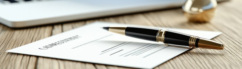 A pen resting on a document beside a laptop, suggesting business or professional use.