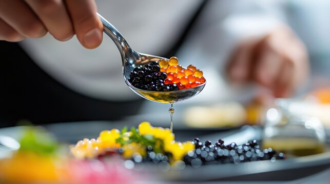 Chef delicately handling a spoon of black and orange molecular food spheres over a gourmet dish, emphasizing precision and artistry