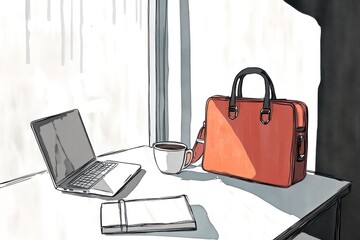 A workspace scene featuring a laptop, coffee, notebook, and briefcase on a table.