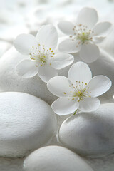 Serenity of White Blossoms on Pristine Stone Ground - A Tranquil Contrast of Nature's Purity