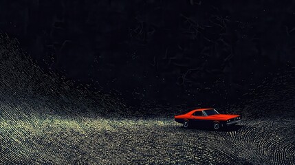 Vibrant red car against abstract dark background with dynamic waves