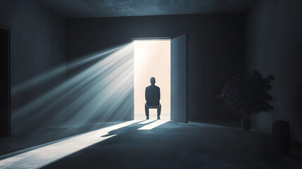 Obraz premium A solitary figure in a dark room, gentle rays of light breaking through, symbolizing hope, flat design illustration
