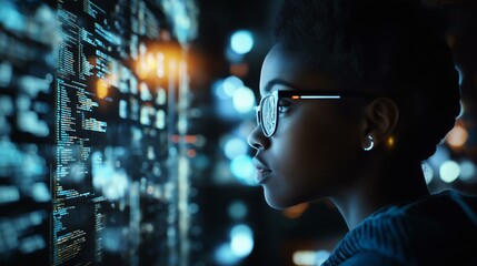 Focused young professional analyzing complex data on a futuristic digital screen.