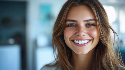 Fototapeta premium Smiling woman with perfect teeth radiates joy and confidence
