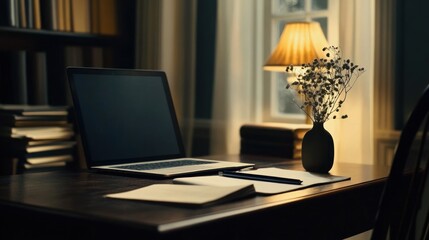 Laptop on Wooden Desk Still Life Illustration, Cozy Workspace
