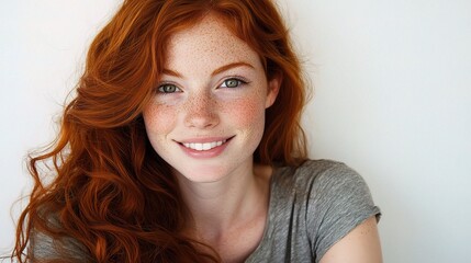 Obraz premium Natural Smiling Redhead with Freckles and Soft Wavy Hair