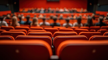Audience in focus at a conference, red seats in foreground