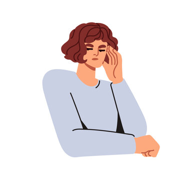 Tired frustrated woman with skeptical annoyed face expression. Disappointed stressed female with headache, looking with annoyance, frustration. Flat vector illustration isolated on white background