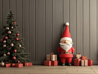 Fototapeta premium A festive scene featuring a decorated Christmas tree, gifts, and a cheerful Santa Claus figurine against a wooden wall.