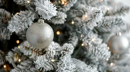 A Frosted Christmas Tree with Snow-Covered Branches, Glittering Icicles, and Wintery Decorations, Evoking a Magical Winter Wonderland for Holiday Celebrations.