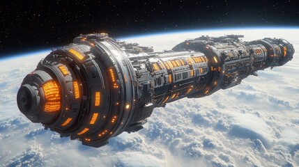Fototapeta premium Futuristic Spacecraft Orbiting Earth with Bright Orange Lights, Detailing Advanced Technology and Cosmic Environment, in a Stunning Sci-Fi Illustration
