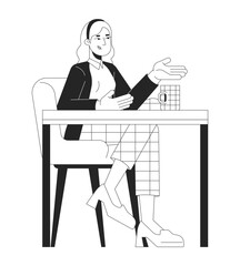 Business casual blonde woman sitting at desk with coffee cup black and white 2D line character. Caucasian female manager coffeebreak isolated vector outline person. Monochromatic spot illustration