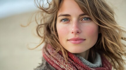 Portrait of a woman with wind-swept hair, candid moment, raw beauty