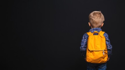 a young boy walking to school, with a school bag on his back Over black Studio Background.