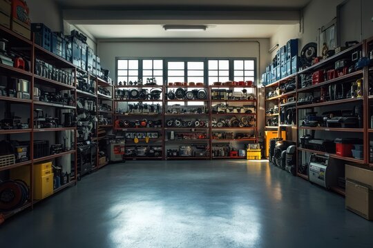 Carefully organized automotive parts displayed neatly on shelves in a brightly lit service shop, highlighting a systematic arrangement in a workspace optimized for productivity and effectiveness