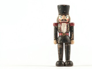 Vintage wooden nutcracker soldier, meticulously detailed, standing proudly against clean white space