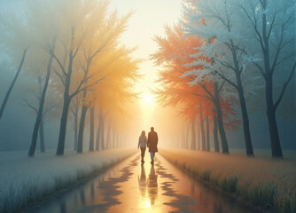 Fototapeta premium Couple walking on a wet road between colorful trees at sunset