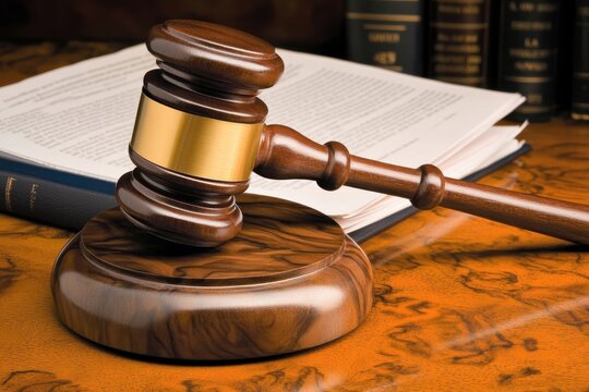 A court gavel resting on a timber background, alongside legal documents and a law reference book arranged beside it