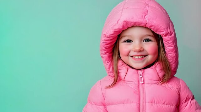 portrait of cute little girl in pink winter down jacket on the pink background