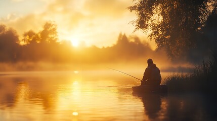 Fisher fishing on foggy sunrise