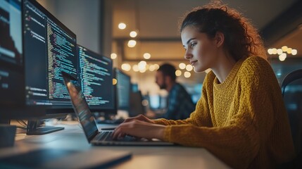 Woman programming on a laptop, surrounded by digital screens, focused and innovative