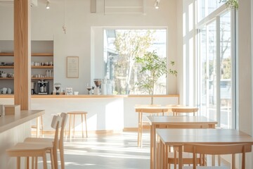 Minimalist cafe interior with wooden tables and chairs, large windows, and sunlight streaming in.