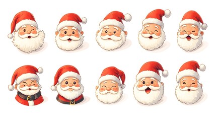 Santa Claus Emoji Set: A collection of twelve charming Santa Claus faces expressing various emotions, perfect for Christmas greetings and festive designs. 