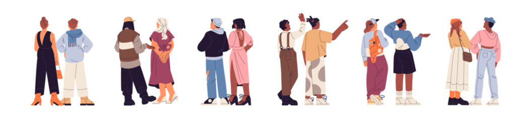 People back side view set. Diverse couples standing together backside. Friends, men, women greeting, pointing finger, hands gesturing behind. Flat isolated vector illustrations on white background