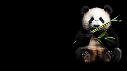 Naklejka premium a panda bear holding bamboo and sitting Over black Studio Background.