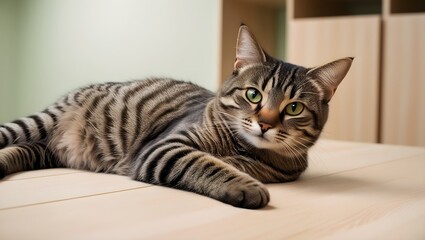 A beautiful white tabby kitten, with captivating grey eyes, rests peacefully on a chair