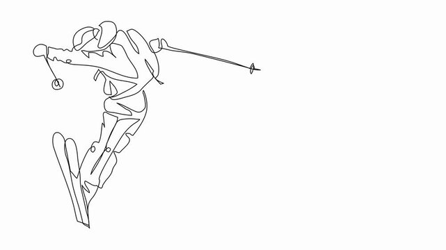 Ski trick self drawing line animation. One continuous line art drawing animated illustration of downhill skiing, winter sport