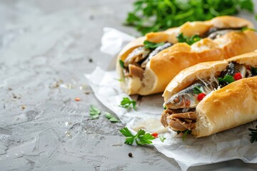 Two freshly prepared fish baguettes with parsley and red peppercorns, displayed on white parchment over a textured surface