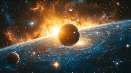 Obraz premium A vivid cosmic scene featuring a glowing star, planets, and swirling galaxies, illustrating the beauty and mystery of the universe.