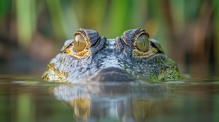 Fototapeta premium Crocodile is swimming in the water with its eyes open. The water is green and murky