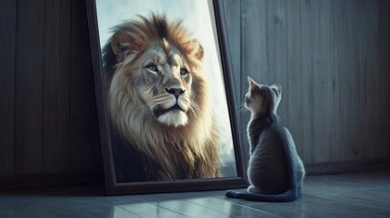 Cat looks at lion in mirror