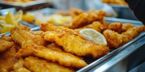 Tray of fish and lemon wedges. The fish is golden and the lemon wedges are yellow