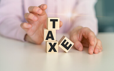 Taxe - text on wooden cubes, on wooden background. flower in a pot