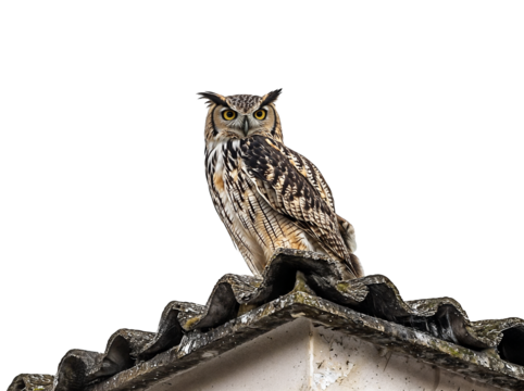 An eagle owl sitting on a roof isolated on a white background