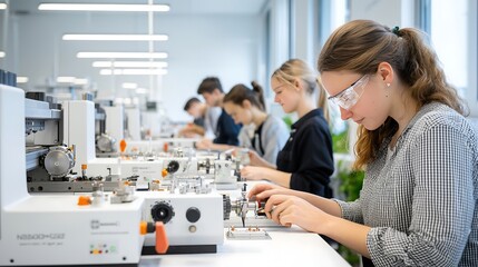 An elegant image of diverse students engaged in hands-on vocational training, using advanced machinery in a well-lit workshop. The focus is on the precision and concentration of the students as they
