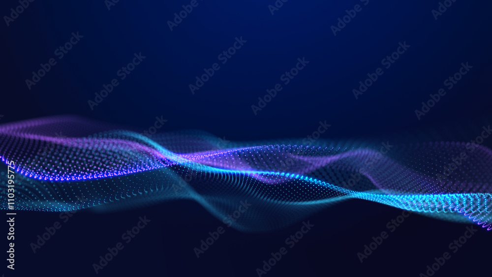 Poster futuristic wave of musical particles. stream of running data. 3d rendering