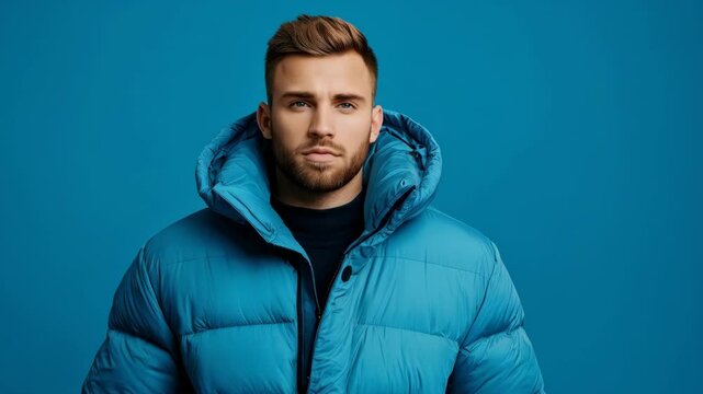 portrait of young handsome guy in blue winter jacket posing on the blue background with copy space