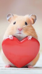 A hamster sitting inside a heart-shaped food bowl