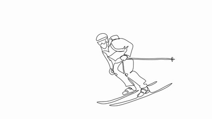 Skier skiing downhill self drawing line animation. One continuous line art drawing animated illustration of downhill skiing, winter sport