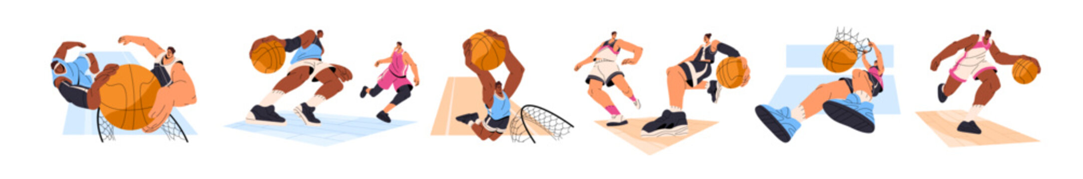 Basketball players set. Professional sportsmen play sports game, throw ball into basket, hoop in competition. Athletes in uniform do slam dunk on training. Flat isolated vector illustrations on white