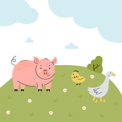 Farm landscape with pig, chickens and goose