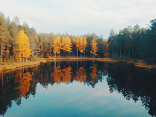 A panoramic view of a tranquil autumn lake with t060